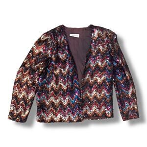 Vtg 80s Greg Adams Sequin Jacket Open Front Multicolor Chevron Glam Disco Retro
